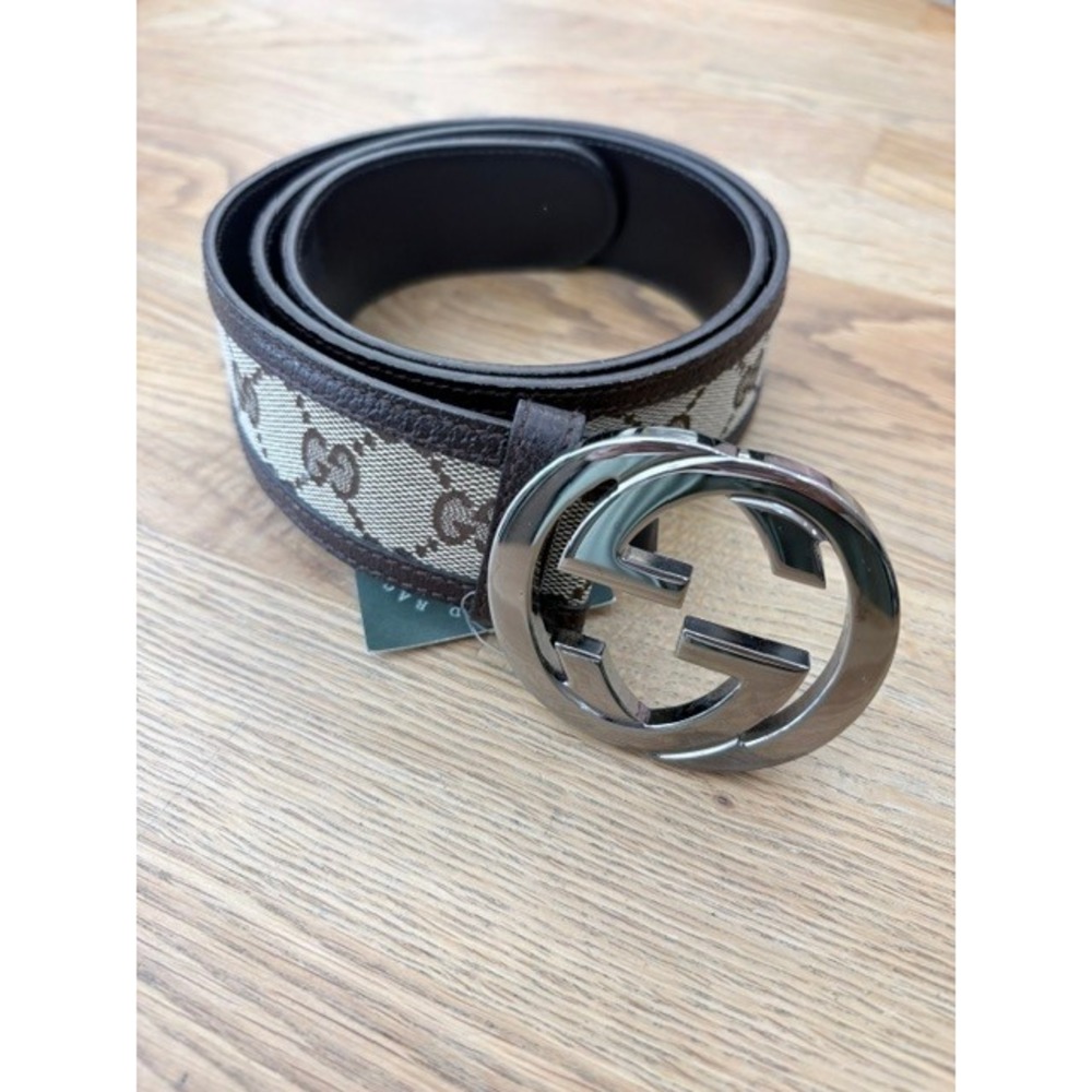 Gucci GG Supreme Interlocking G Belt Womens Size 34 Brown Canvas Leather Y2K